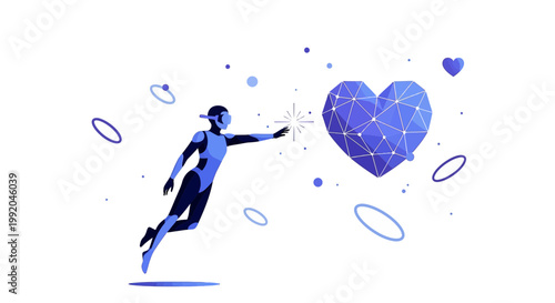 Robot reaching for a glowing geometric heart, symbolizing AI love, connection, and technology.