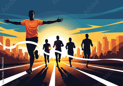 Group of runners crossing the finish line at sunrise in a city, celebrating victory and achievement in a marathon race