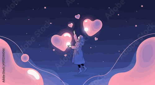 Pixel Art Girl with Glowing Hearts in Starry Night Sky, Dreamy Love Concept