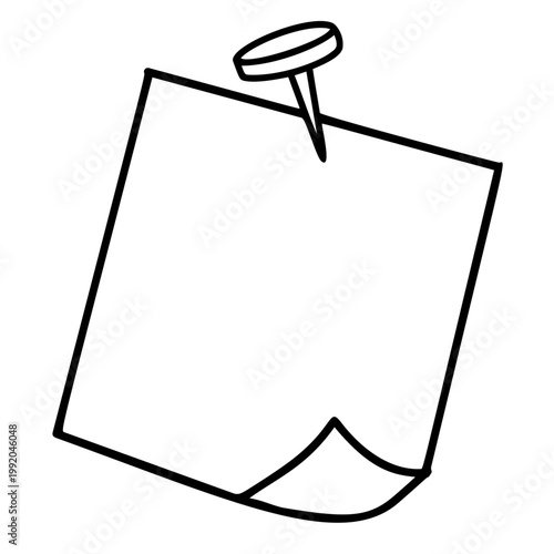 Memo paper sticker, blank sticky note with pushpin doodle. Message reminder page, office post note board, notice paper element black outline isolated. Sticky note sign