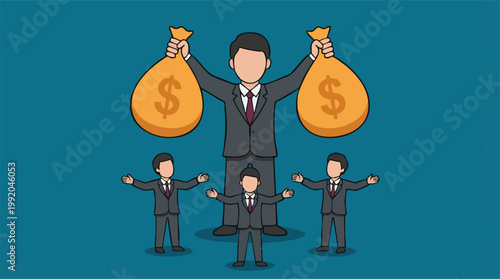 Giant businessman holding money bags with smaller employees below him