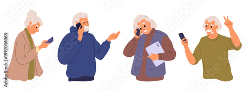 Elderly people call with phones. Senior men and women communicating on smartphones. Grandparents calling by telephones. Mobile communication. Retired old persons speaking vector set