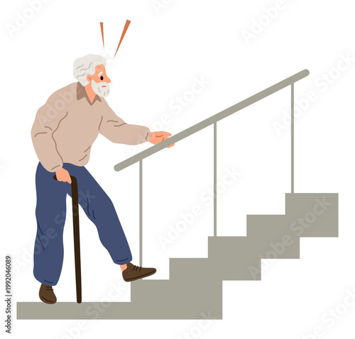 Elderly man with cane cannot climb stairs at home. Health problems with mobility among elderly. Grandparent walking with effort. Grandfather suffering from arthritis. Vector concept