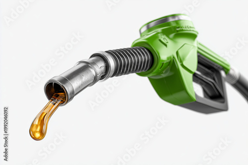 Green gas pump nozzle with flowing diesel close up detail isolated on white background. High fuel prices.