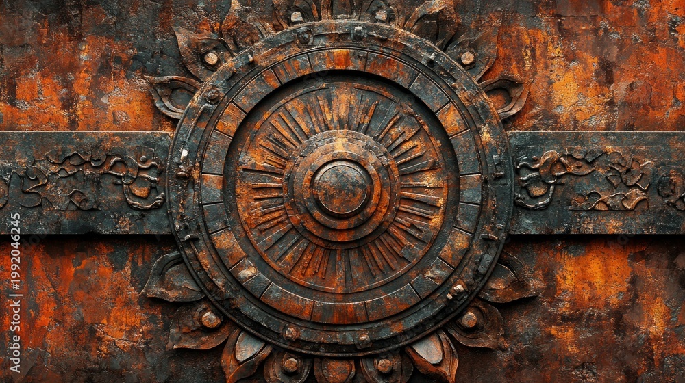 Obraz premium A rusty metal ornament featuring a sun motif on a dark background evokes a sense of antiquity and serves as the perfect backdrop for a story or a metalwork piece.