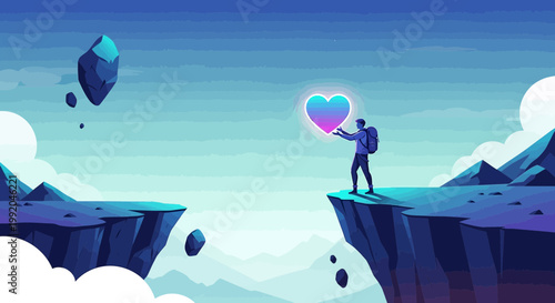 Pixel Art Traveler Reaching for Gradient Heart Across Chasm, Digital Art