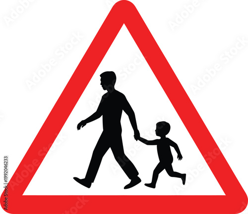 Triangular School Zone Pedestrian Warning Sign Vector Illustration with Adult and Child Silhouette Holding Hands