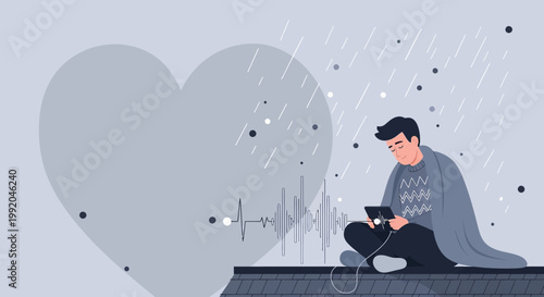 Sad Man Listening to Music Under Rain, Heart Symbol, Loneliness, Depression, Heartbreak