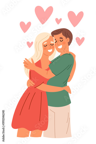 Couple in love. Happy man and woman hugging. Lovers embrace each other. People experience strong positive emotions. Romantic relationship. Boyfriend and girlfriend dating. Vector concept