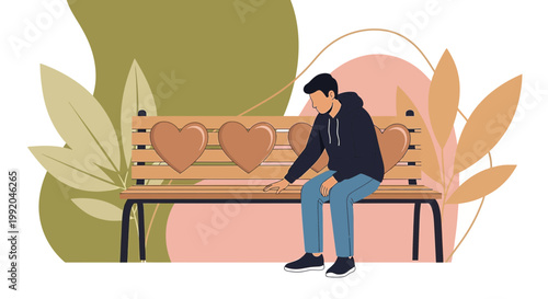 Sad Man Sitting on Bench with Heart Shapes, Loneliness, Unrequited Love, Abstract Background