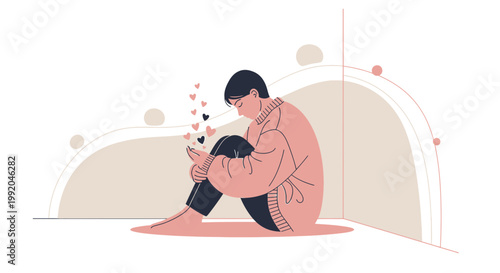 Sad Person Hugging Knees with Floating Hearts, Loneliness and Unrequited Love Concept