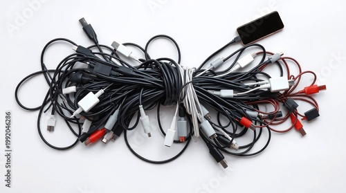 tangled mess of electronic cables and wires on white background isolated