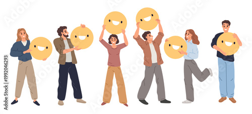 Cheerful men and women holding cheerful smiling face emojis. Successful teamwork. Happy people showing joyful emoticon. Emotion expression. Vector concept of positive atmosphere in team