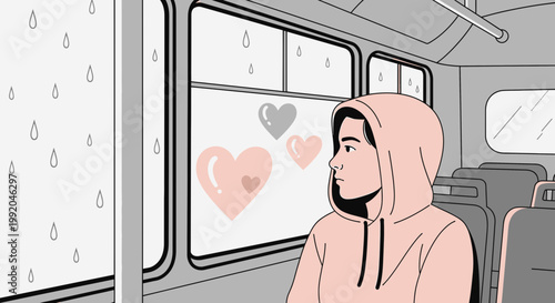 Sad person in hoodie on bus in rain, thinking of love, hearts outside window