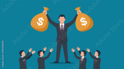 Businessman holding money bags above a crowd of reaching people