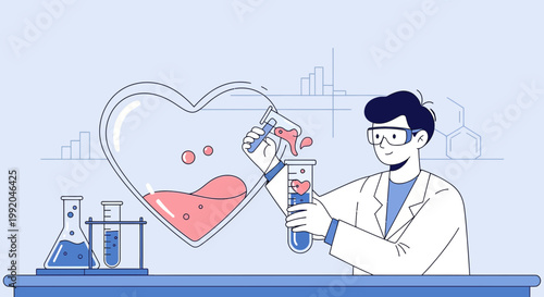 Scientist Creates Love Potion in Heart-Shaped Beaker, Medical Research Concept