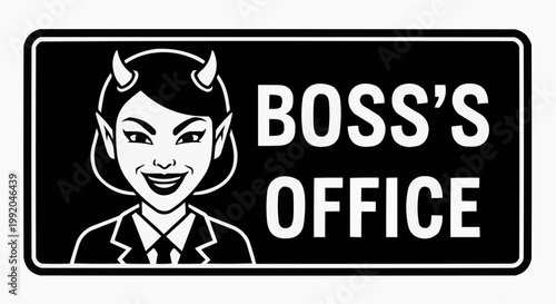 Humorous Boss's Office Sign with Devil Woman Illustration