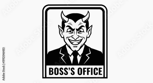 Devil Boss in a Suit Office Door Sign Illustration