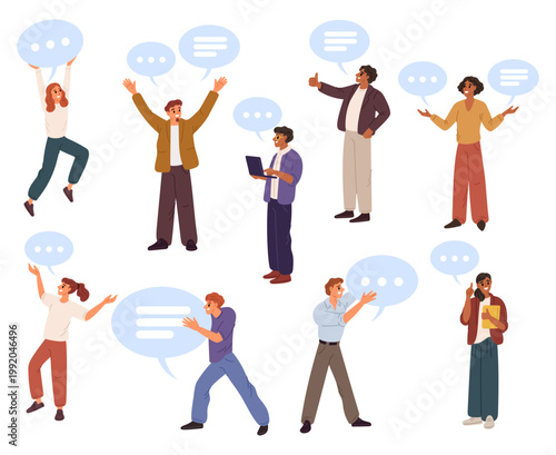 Young women and men with speech bubbles. Speakers dialogue. Conversation and discussion. Female and male communicating. Vector concept of communication and interaction between people