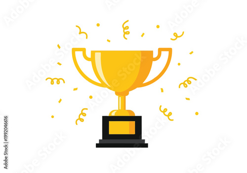 Golden trophy cup with confetti