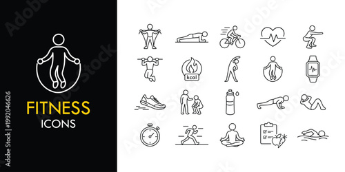 Fitness line icon set, outline workout and exercise icons collection including running, yoga, cycling and health tracking symbols