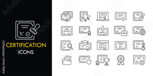 Certification line icon set, outline certificate and diploma icon collection with badge, approval and award symbols vector illustration