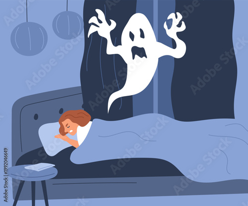 Young woman sleeps in bed at night and has nightmare about ghost. Midnight phobia. Frightened girl afraid of boogeyman monster. Scary fantasy dream. Fearful imagination. Vector concept