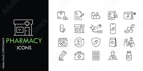 Pharmacy line icon set, outline medical and medicine icons collection with prescription, pills, drugstore and healthcare symbols