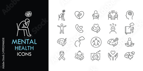 Photos Mental health line icon set, outline psychology and wellbeing icons collection w