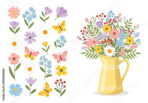 Spring floral bouquet in a yellow pitcher with individual flowers and butterflies