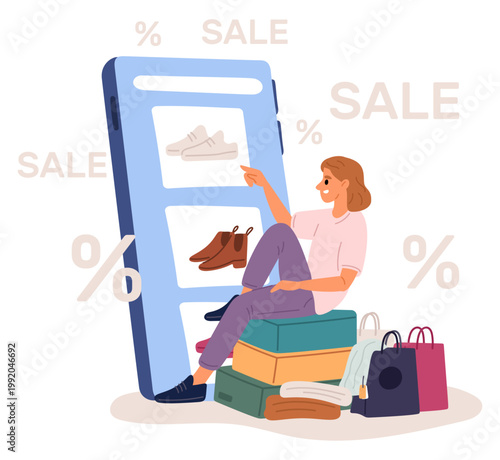 Young woman buying clothes on phone. Online shop. Discounts and shopping addiction. Addicted buyer making purchases with smartphone. Shopaholic depends on store sale. Vector concept