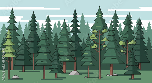 Flat Design Forest Landscape with Evergreen Trees and Blue Sky