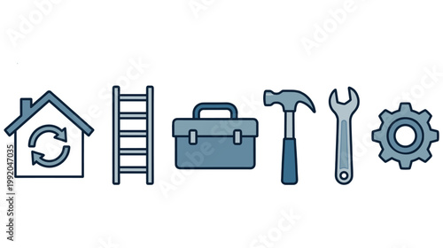 Home renovation and repair tools and symbols in blue on white background.