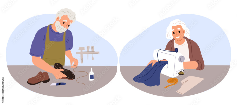 Obraz premium Elderly man and woman doing handicrafts. Hobby for retired people. Grandfather repairs shoes. Grandmother sews clothes on sewing machine. Senior shoemaker. Granny tailor. Vector concept