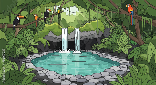 Lush Jungle Oasis with Toucans and Macaws near Waterfall Pool