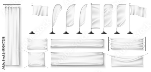Flag and banner design. Realistic templates for white fabric promotional items on flagpoles. Marketing fabric signboard. Pennant stands. Billboards hanging on ropes. Vector 3D objects set