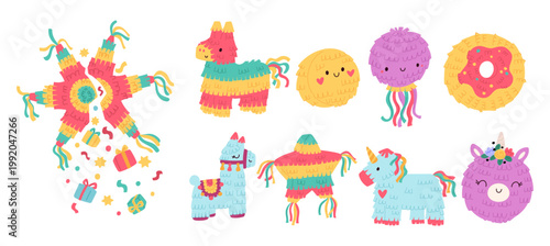 Festive Mexican pinatas. Paper containers with candy and confetti. Carnival toys. Falling gifts from star. Unicorn and pony shapes. Vector set of colorful accessories for birthday party