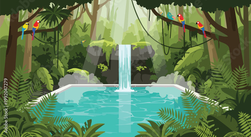 Lush Jungle Waterfall Pool Paradise with Macaws and Tropical Plants