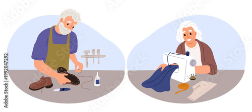 Elderly man and woman doing handicrafts. Hobby for retired people. Grandfather repairs shoes. Grandmother sews clothes on sewing machine. Senior shoemaker. Granny tailor. Vector concept