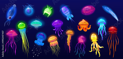 Deep sea jellyfish and plankton. Luminous water inhabitants. Ocean fauna. Poisonous tentacles. Transparent marine medusa. Underwater invertebrate animals. Undersea creatures vector set