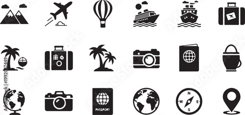 Travel icons, black vector set, 20 symbols, tourism and adventure graphics