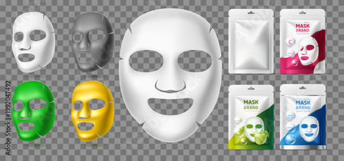 Cosmetic face mask. Realistic white cotton facial sheet Empty packaging design mockup. Different angles of packaging bag. 3D moisturizing patches. Beauty products. Vector objects set