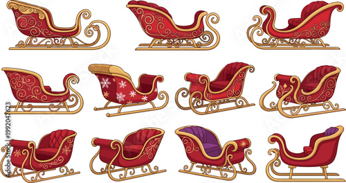 Santa sleigh collection with decorative Christmas sled designs festive holiday transport isolated vector illustration set
