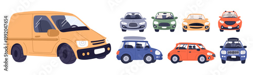 Colorful city cars. Urban vehicles. Road traffic isolated elements. Front and side view of sedans. Empty auto cabin. SUV and sportscar. Vector set of different types of mobile transport
