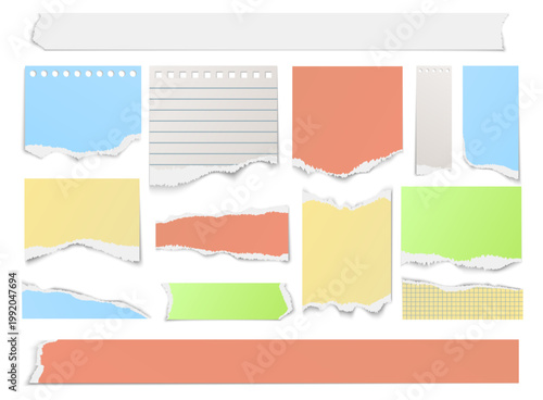 Colored strips of torn paper. Realistic scraps of notebook page. Sheets arranged in various ways. Notepaper ribbon. Memo torn fragment. Stationery notepad. Vector isolated reminders set