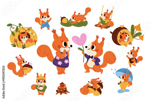 Cartoon red squirrels. Cute fluffy creatures. Forest dwellers climbing trees. Amusing wildlife characters in various poses. Furry animals in burrow with acorn. Happy mammals vector set