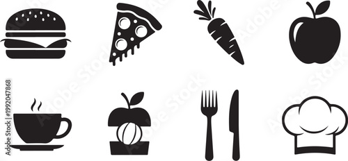 Food icons, restaurant symbols, black vector set, 8 elements, flat design