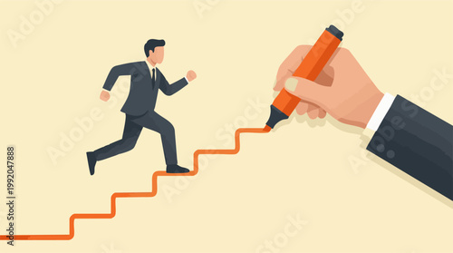 Businessman running up drawn steps, symbolizing career growth and success path