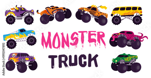 Cartoon monster trucks. Childrens toy cars. Brightly colored jeeps. Extreme entertainment sports show. Automobiles race. SUV transport rally. Motocross speed drive. Auto vector set