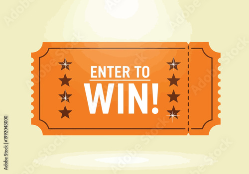 Orange raffle ticket with enter to win text, vector illustration of a prize draw entry coupon with stars on a light background